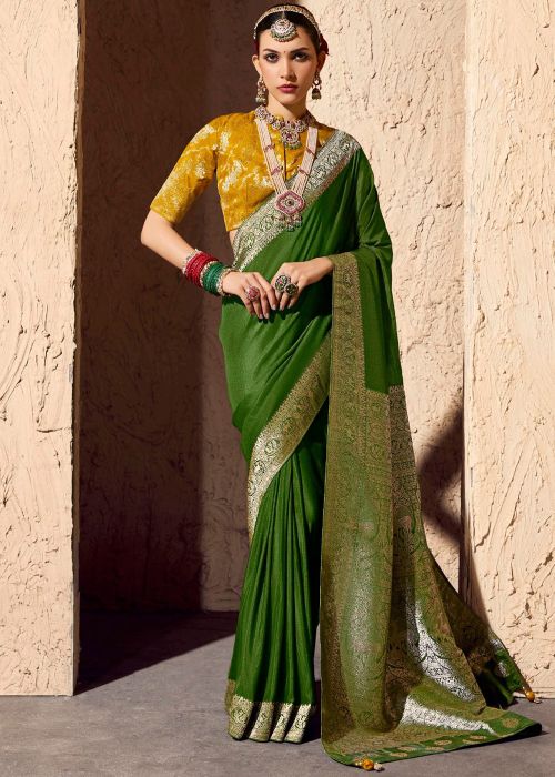 Green Crape Saree With Zari Woven Design