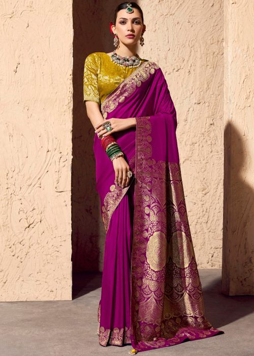 Magenta Crape Saree With Golden Zari Weaving