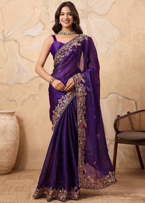 Purple Organza Saree With Embroidered Border