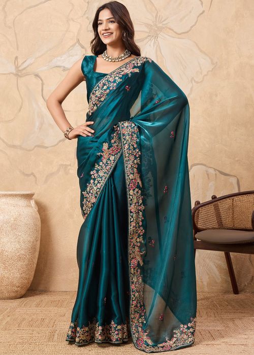 Teal Blue Organza Saree With Heavy Embroidery