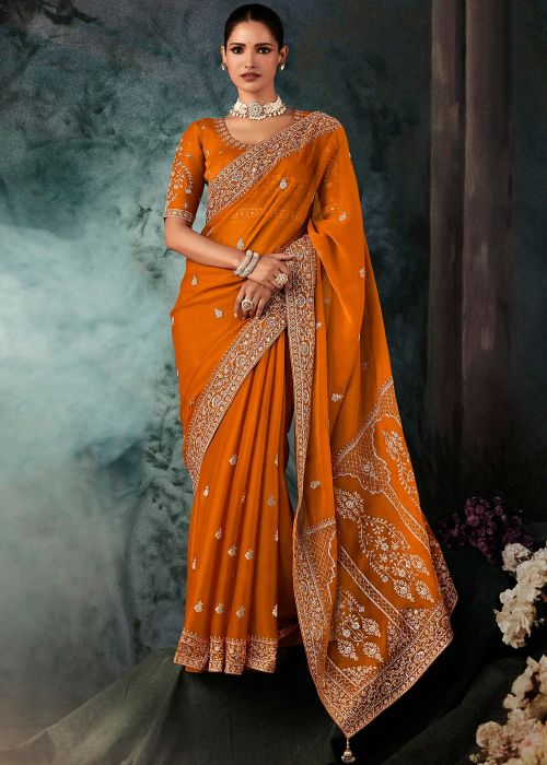 Orange Silk Saree With Delicate Zari Motifs