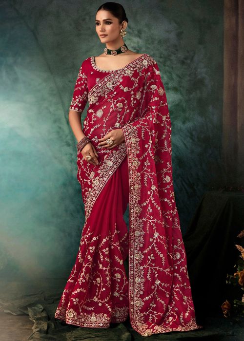 Wine Silk Saree With Zari Embroidery