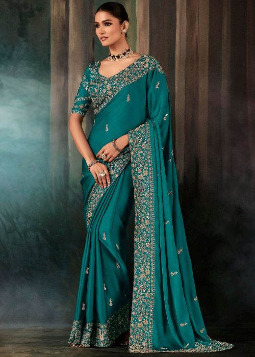 Teal Green Silk Saree With Embroidered Border