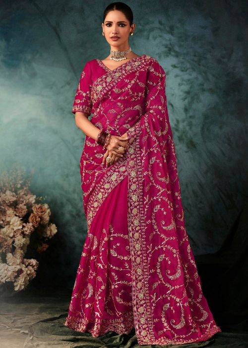 Rani Pink Silk Saree With Floral Zari Work