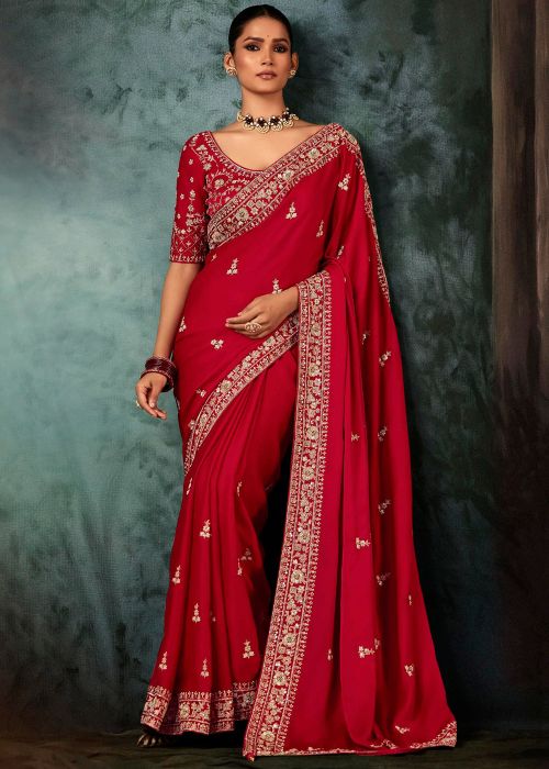 Red Silk Saree With Traditional Zari Border