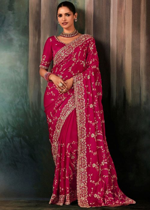 Fuchsia Pink Silk Saree With Intricate Zari Design