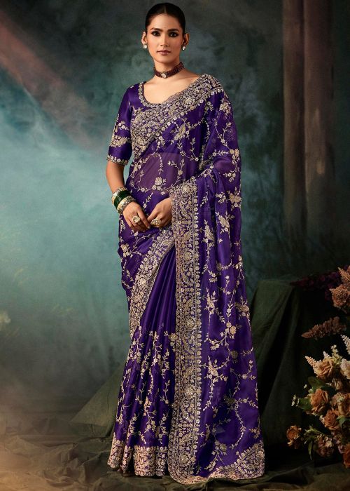 Purple Silk Saree With Heavy Hand Embroidery