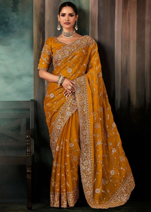 Mustard Yellow Silk Saree With Zari Detailing