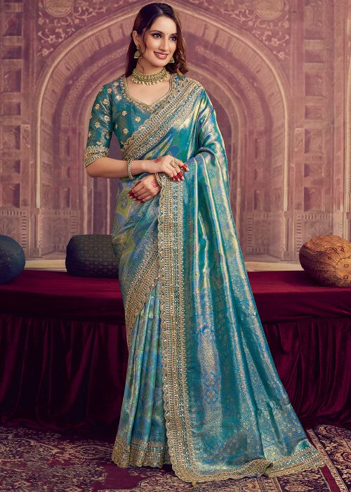 Blue Kanjivaram Silk Saree With Hand Beadwork