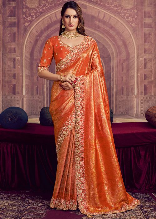 Orange Kanjivaram Silk Saree With Sequins Work