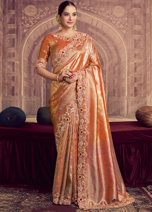 Rust Orange Kanjivaram Silk Saree With Sequins Work