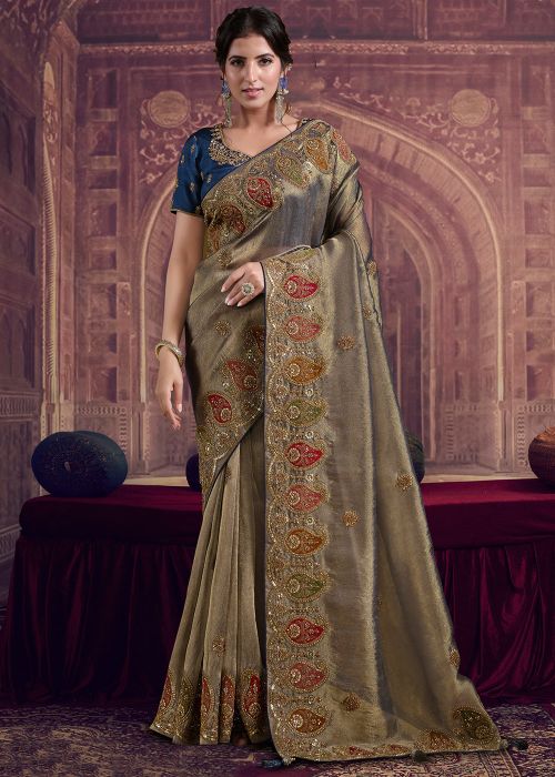 Dual Shade Blue Organza Saree With Beads Embroidery