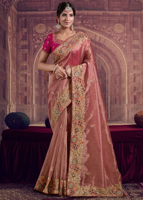 Peach Organza Saree With Woven Work