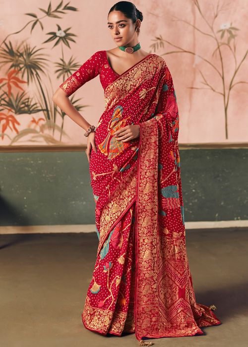 Red Georgette Saree With Woven Zari Design