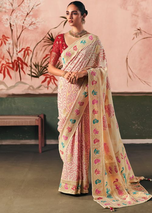 Cream Georgette Saree With Bandhej Print
