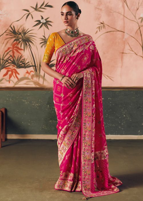 Pink Georgette Saree With Zari Floral Detailing
