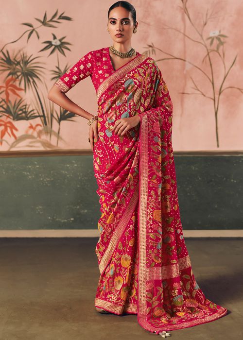 Pink Georgette Saree With Zari Weave