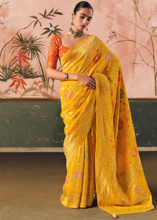 Yellow Georgette Saree With Zari Motifs