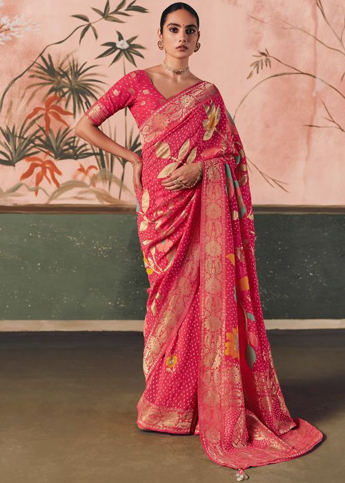 Vibrant Pink Georgette Saree With Woven Zari