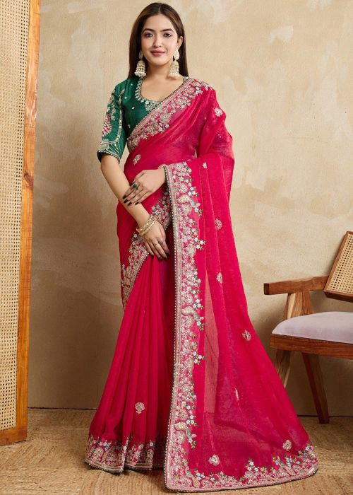 Red Chiffon Saree With Green Art Silk Blouse