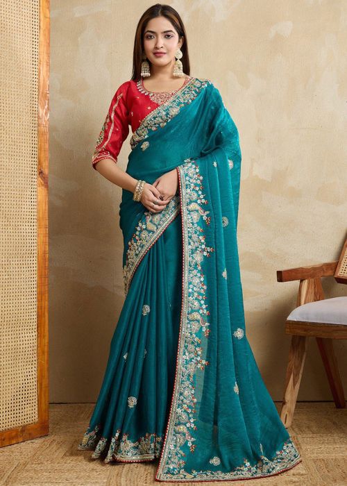 Teal Blue Chiffon Saree With Dori Embroidery