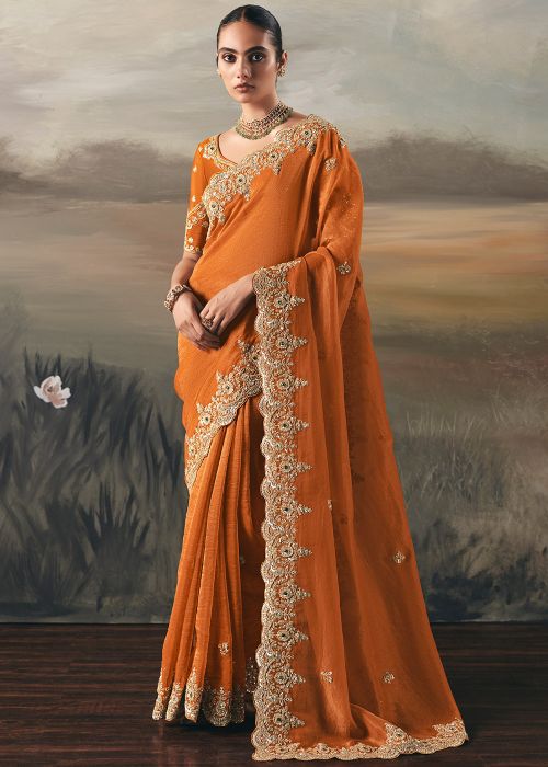 Orange Tissue Saree With Zari Embroidery