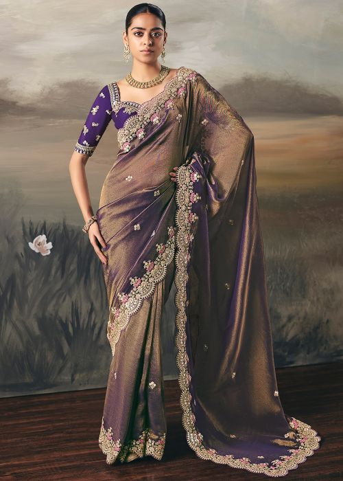 Dual Tone Purple Tissue Saree With Embroidery