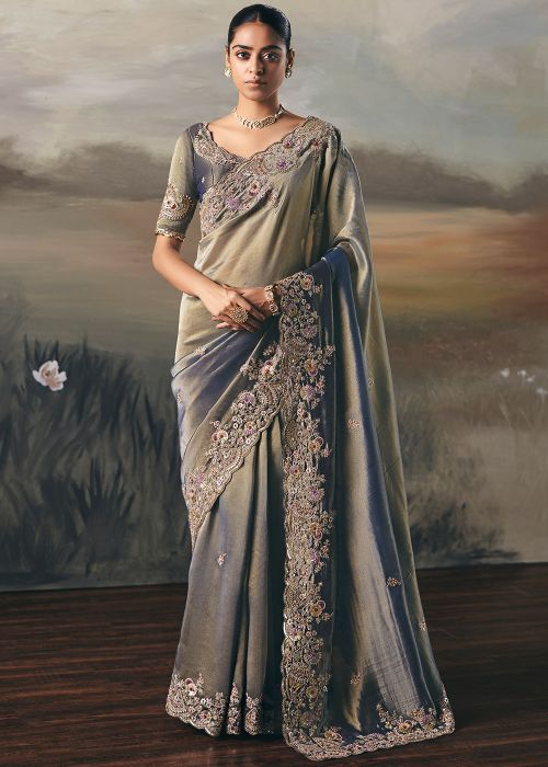 Two Tone Grey Tissue Saree With Embellished Border