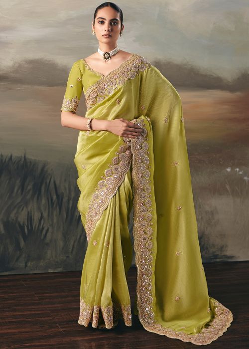 Light Green Tissue Saree With Zari Border