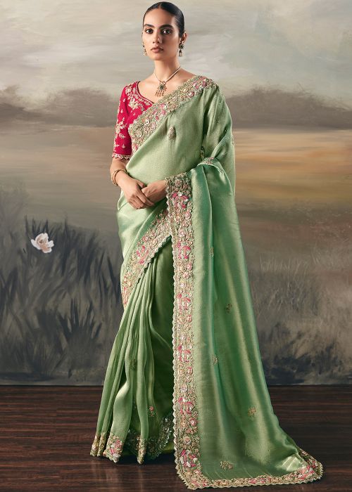 Green Tissue Saree With Zari Embroidery