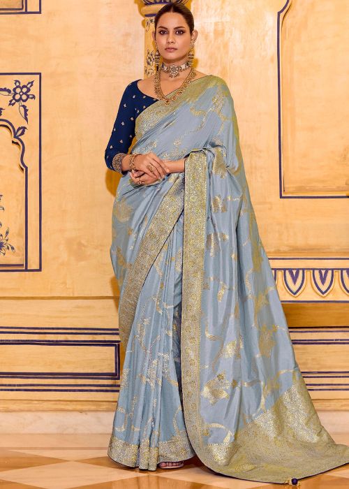 Blue Crape Saree With Zari Woven Detailing