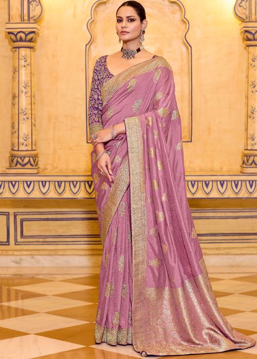 Pink Crape Saree With Woven Zari Borders