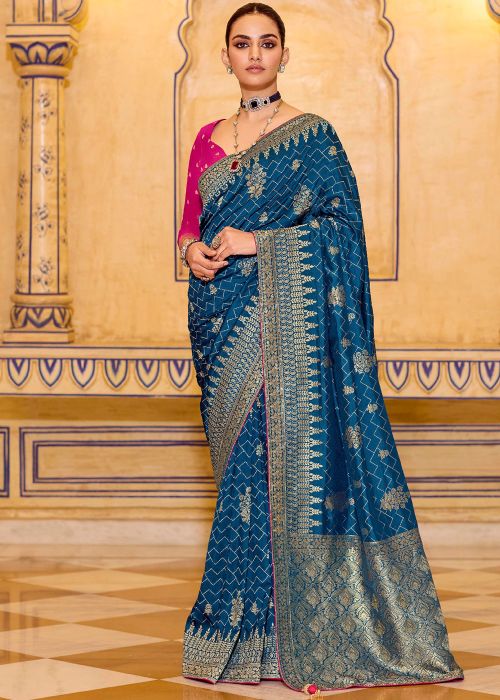 Teal Blue Crape Saree With Woven Border