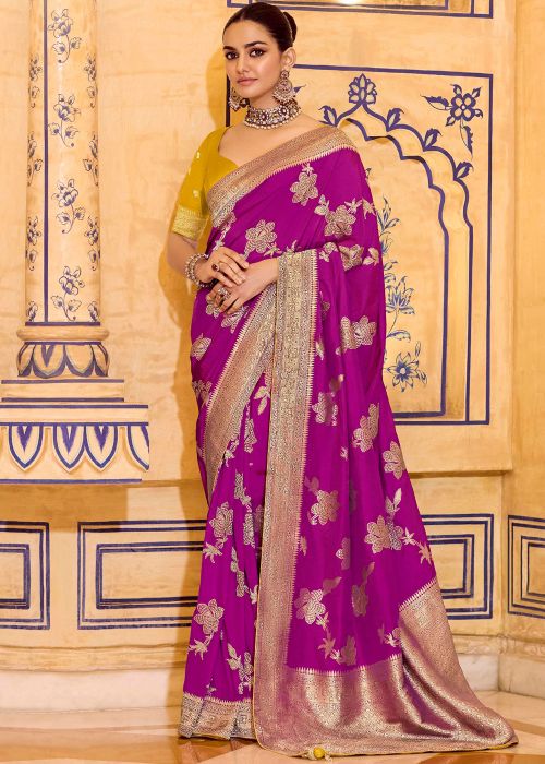 Magenta Crape Saree With Floral Zari Accents