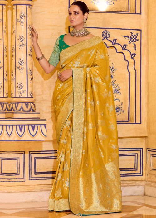 Yellow Crape Saree With Woven Zari Motifs