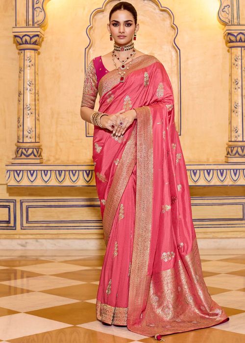 Peach Crape Saree With Zari Weaving