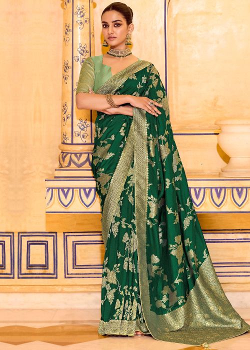 Bottle Green Crape Saree With Zari Woven Work