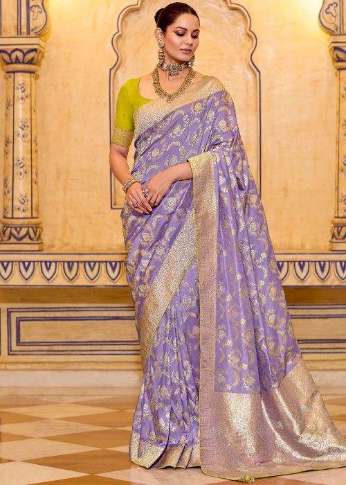 Lavender Crape Saree With Zari Woven Borders