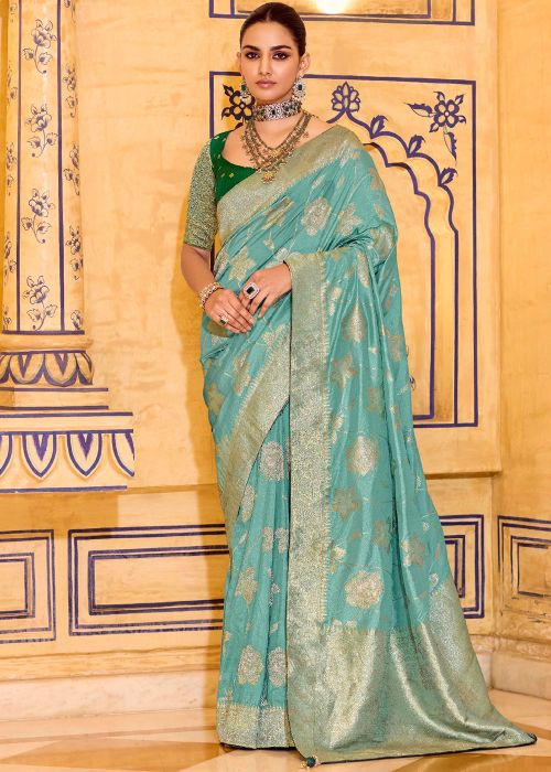 Aqua Blue Crape Saree With Zari Motifs