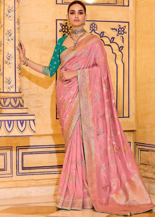 Pink Crape Saree With Zari Woven Work