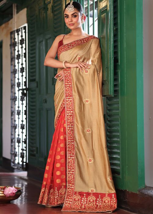 Beige & Red Half N Half Saree With Embroidery