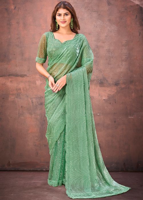 Pastel Green Net Saree with Beaded Scallops