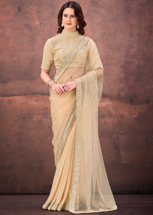Cream Net Saree with Shimmer Sequins