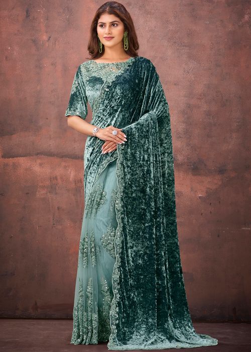 Teal Blue Velvet Saree with Beads Embroidery