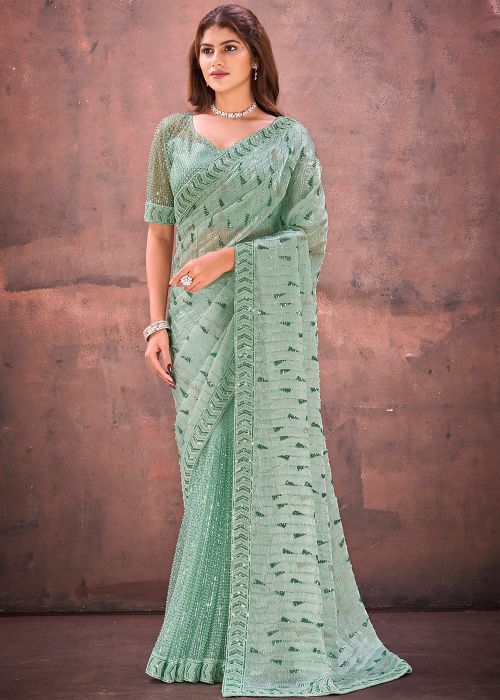Turquoise Net Saree with Chevron Embellishment