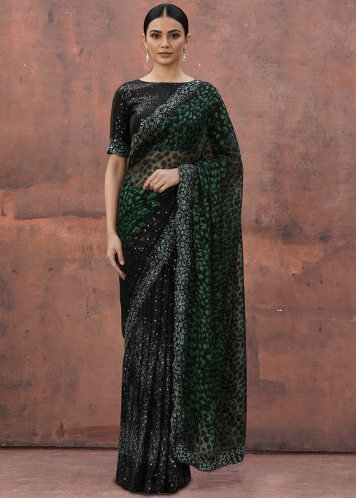Black Net Saree with Abstract Sequins