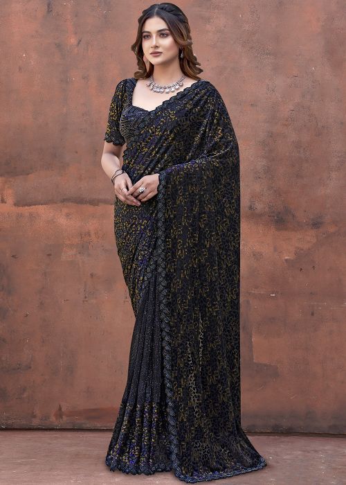Black Velvet Saree with Foil Bead Work