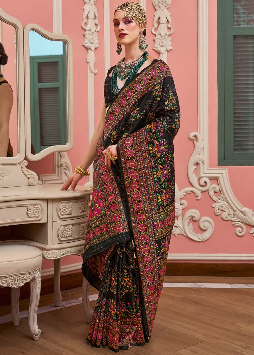 Black Viscose Saree With Multicolor Weave