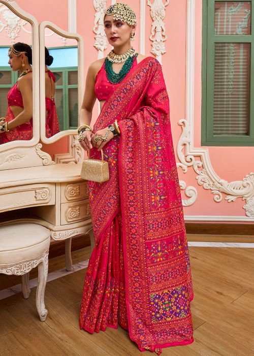 Rani Pink Viscose Saree With Woven Work
