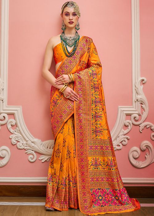 Orange Viscose Saree With Woven Detail